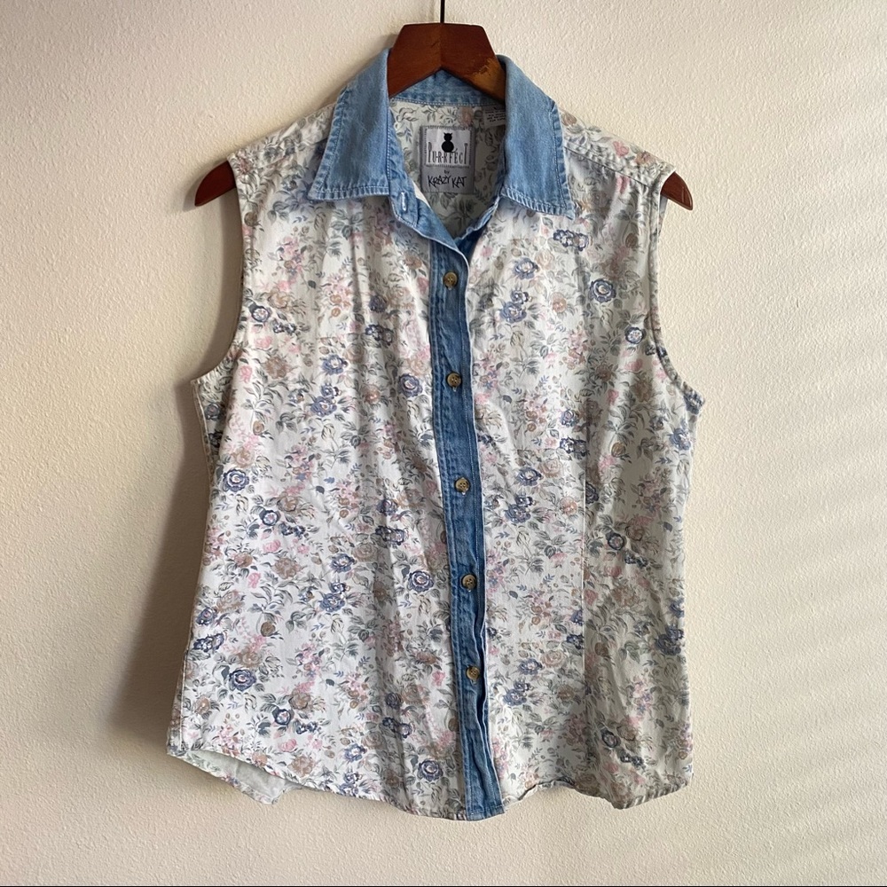 Vintage Denim Pastel Floral Printed Sleeveless Shirt Krazy Kat Purrfect 90’s - Picture 5 of 10